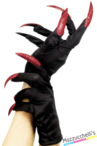 GUANTI neri con unghie rosse con glitter carnevale halloween o altre feste a tema - Mazzucchellis